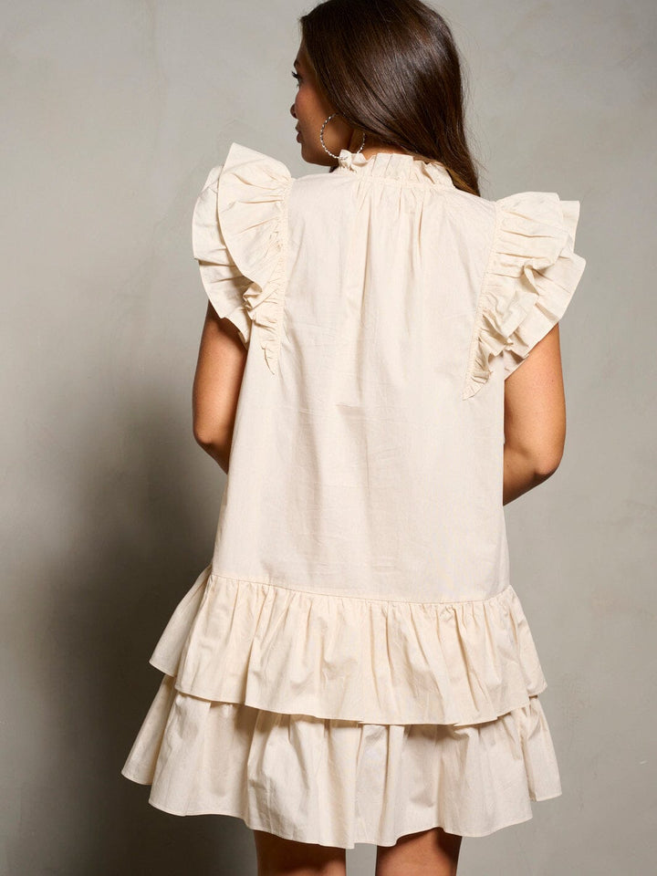 WOMEN'S SHORT RUFFLE SLEEVE V-NECK POCKETS TIERED TUNIC MINI DRESS