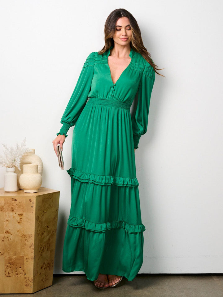 WOMEN'S LONG SLEEVE V-NECK RUFFLE TIERED MAXI DRESS