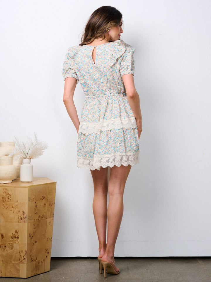 WOMEN'S SHORT PUFF SLEEVE RUFFLE FLORAL EMBROIDERY MINI DRESS