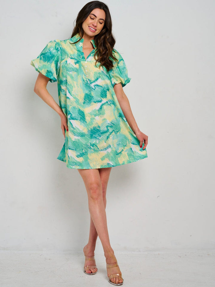 WOMEN'S SHORT PUFF SLEEVE V-NECK MULTI PRINT TUNIC MINI DRESS