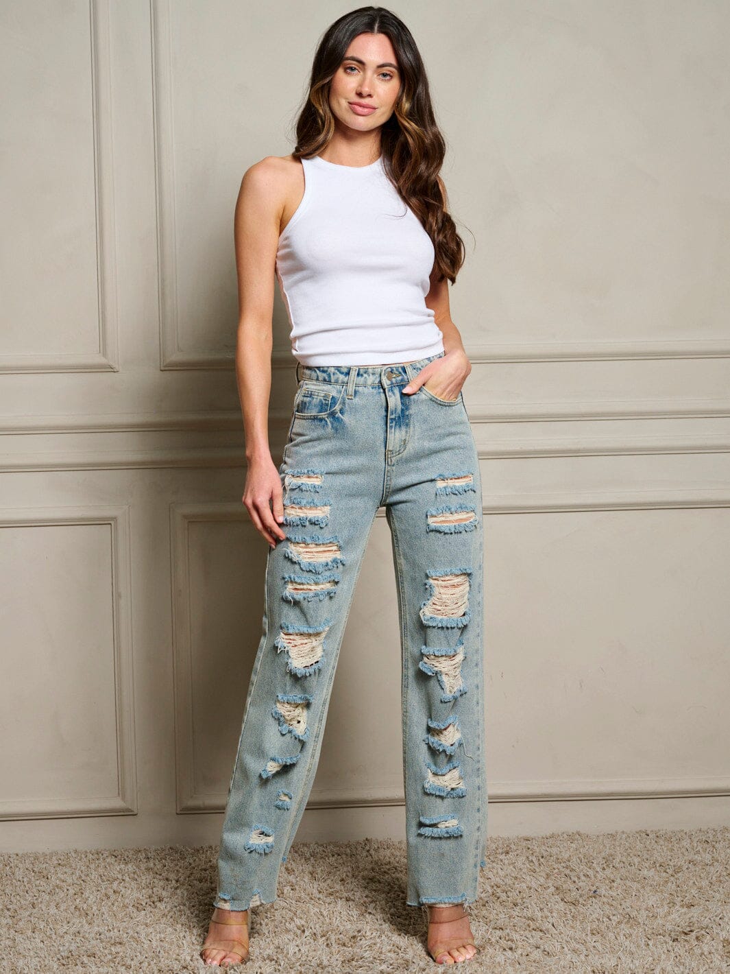 WOMEN'S BUTTON CLOSURE POCKETS DISTRESSED DENIM PANTS