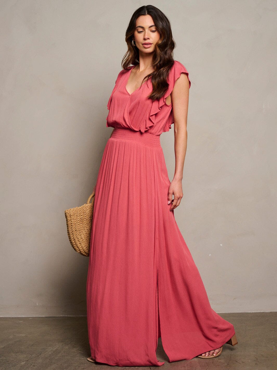 WOMEN'S SHORT SLEEVE SURPLICE SMOCK WAIST MAXI DRESS