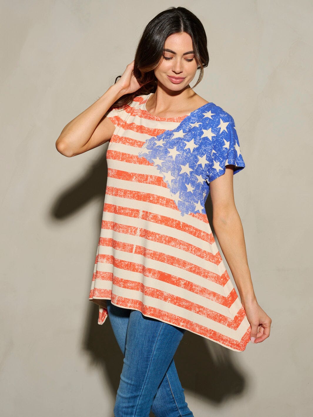 WOMEN'S SHORT SLEEVE TUNIC AMERICAN FLAG PRINT TOP
