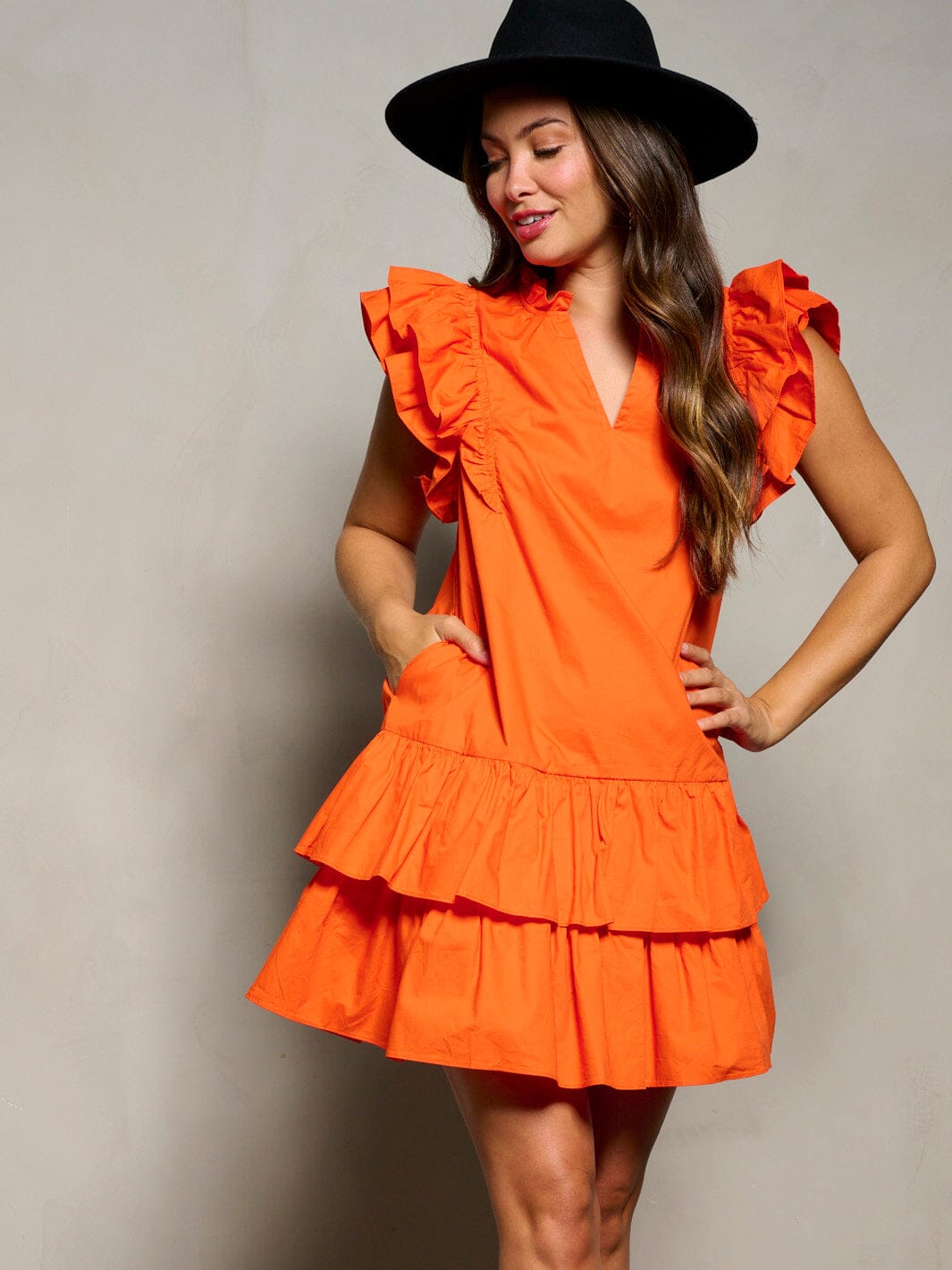 WOMEN'S SHORT RUFFLE SLEEVE V-NECK POCKETS TIERED TUNIC MINI DRESS