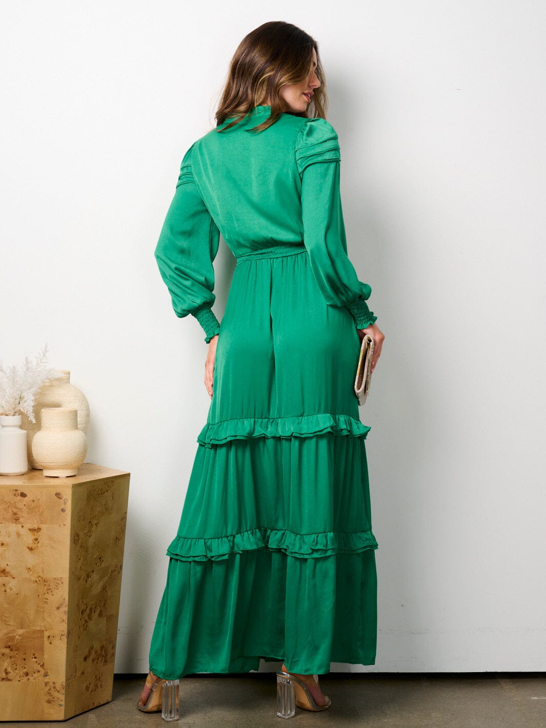 WOMEN'S LONG SLEEVE V-NECK RUFFLE TIERED MAXI DRESS