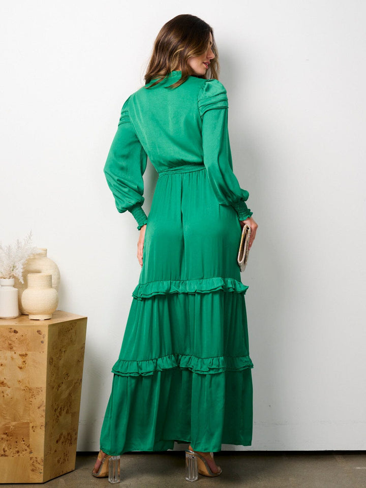 WOMEN'S LONG SLEEVE V-NECK RUFFLE TIERED MAXI DRESS