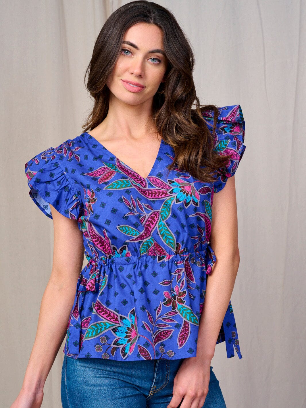 WOMEN'S SHORT RUFFLE SLEEVE V-NECK ADJUSTABLE WAIST FLORAL BLOUSE