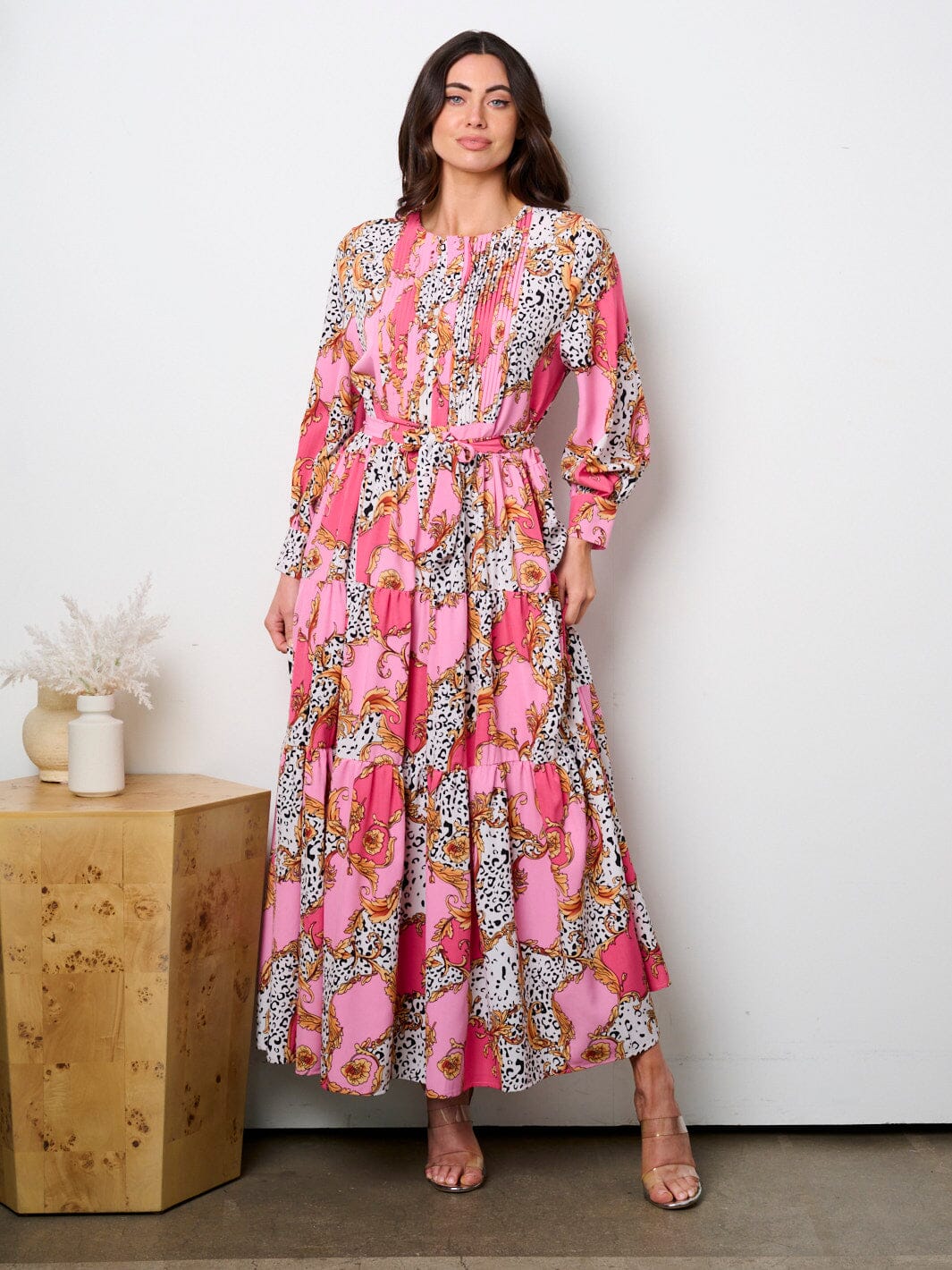 WOMEN'S LONG SLEEVE BUTTON UP ANIMAL PRINT PLEATED MAXI DRESS
