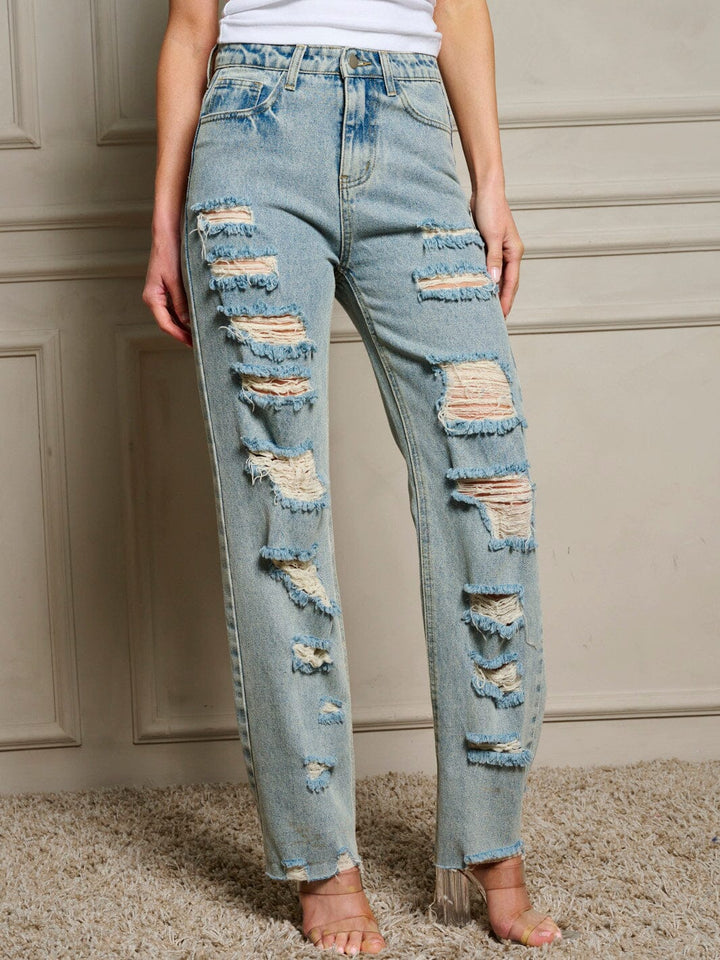 WOMEN'S BUTTON CLOSURE POCKETS DISTRESSED DENIM PANTS