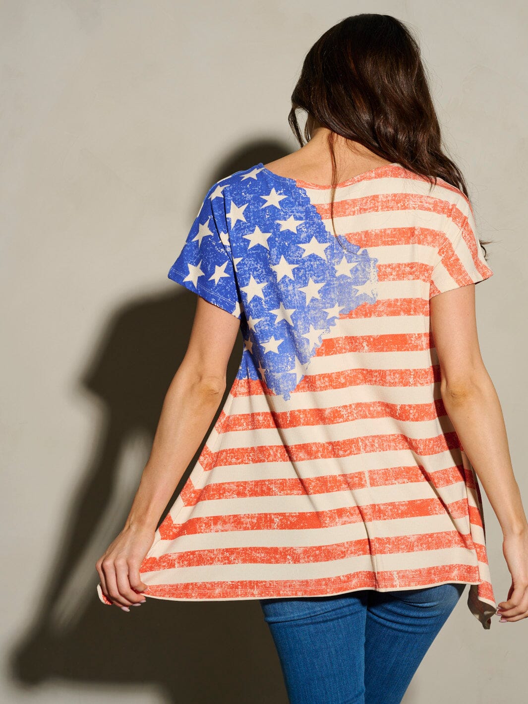 WOMEN'S SHORT SLEEVE TUNIC AMERICAN FLAG PRINT TOP