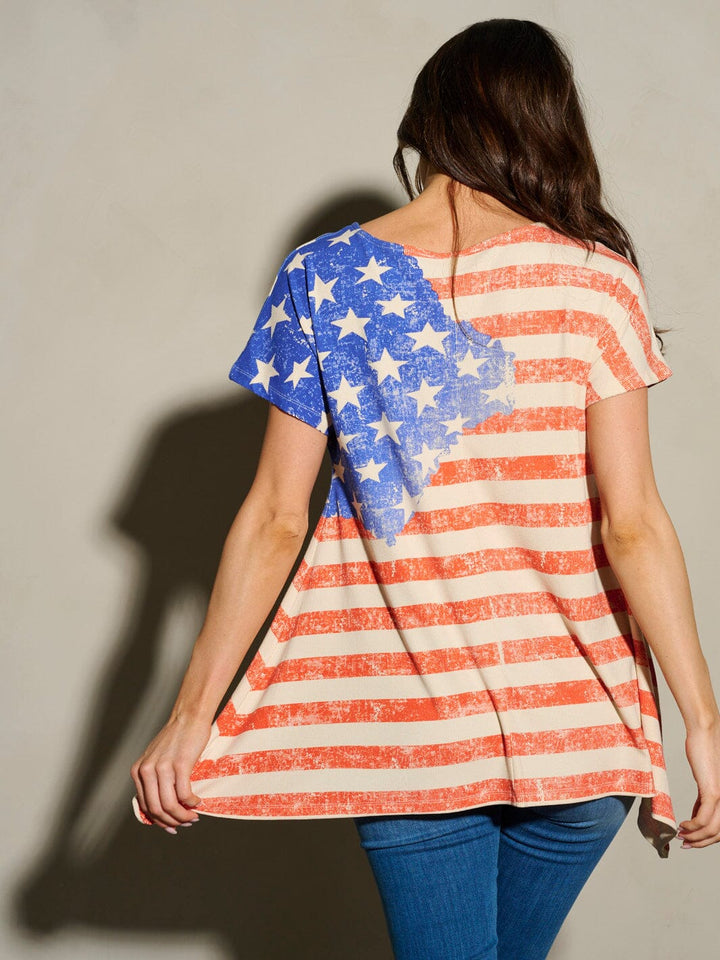 WOMEN'S SHORT SLEEVE TUNIC AMERICAN FLAG PRINT TOP