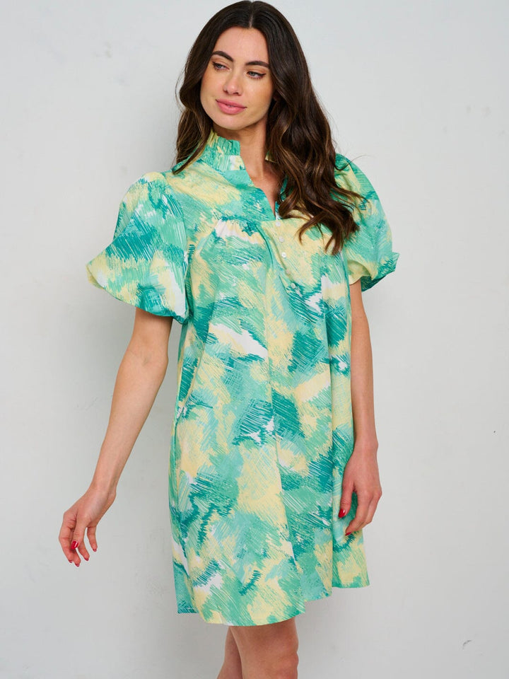 WOMEN'S SHORT PUFF SLEEVE V-NECK MULTI PRINT TUNIC MINI DRESS