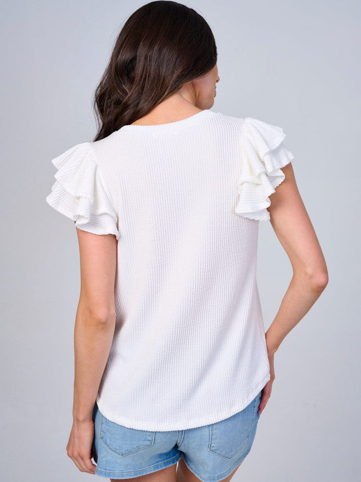 WOMEN'S SHORT RUFFLE SLEEVES RIBBED BLOUSE
