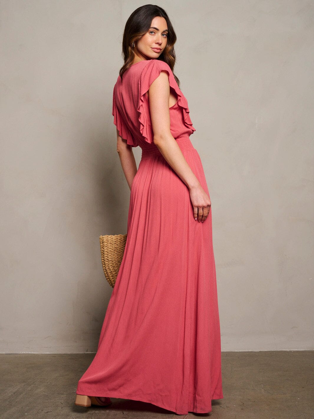 WOMEN'S SHORT SLEEVE SURPLICE SMOCK WAIST MAXI DRESS