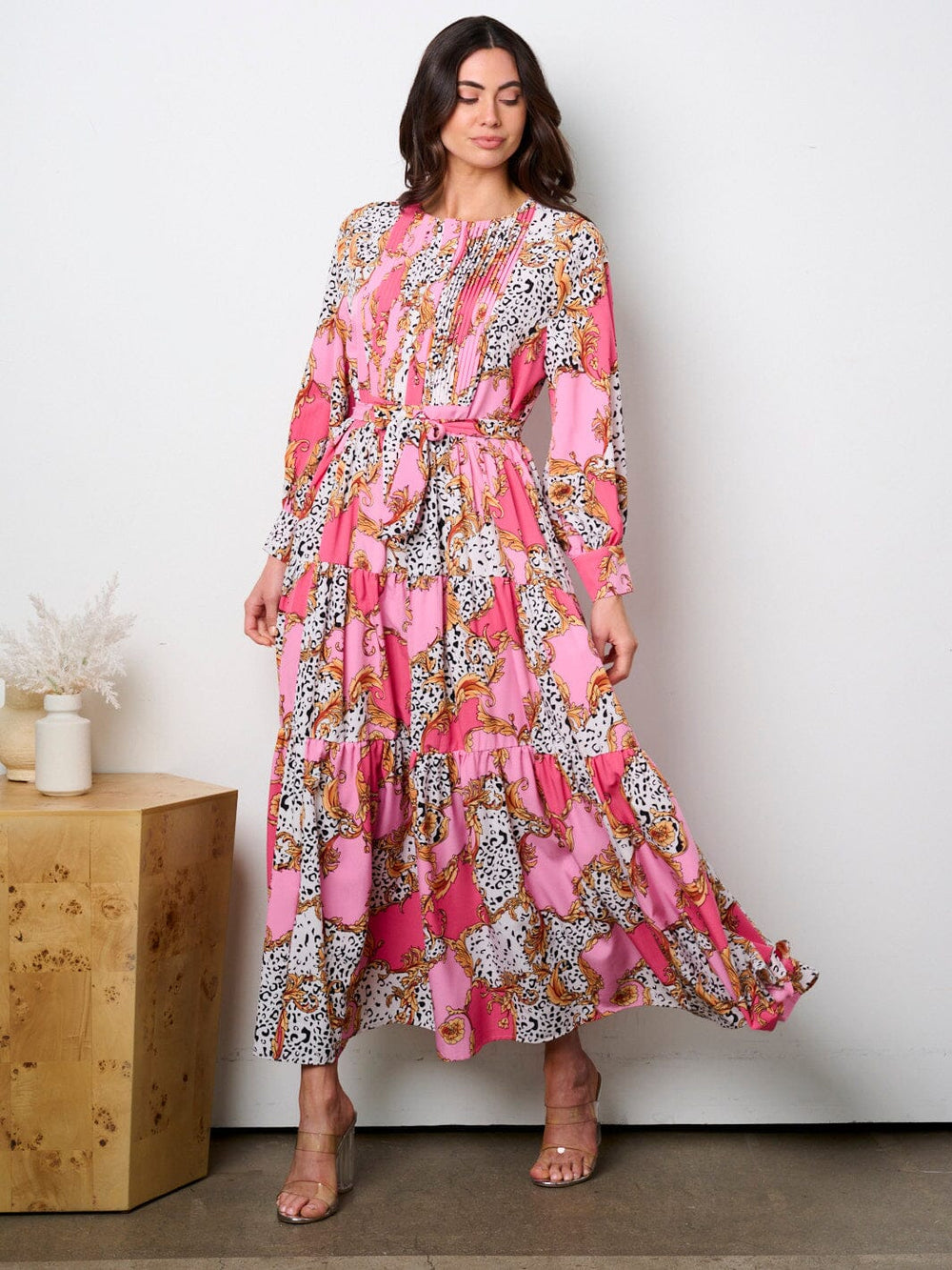 WOMEN'S LONG SLEEVE BUTTON UP ANIMAL PRINT PLEATED MAXI DRESS