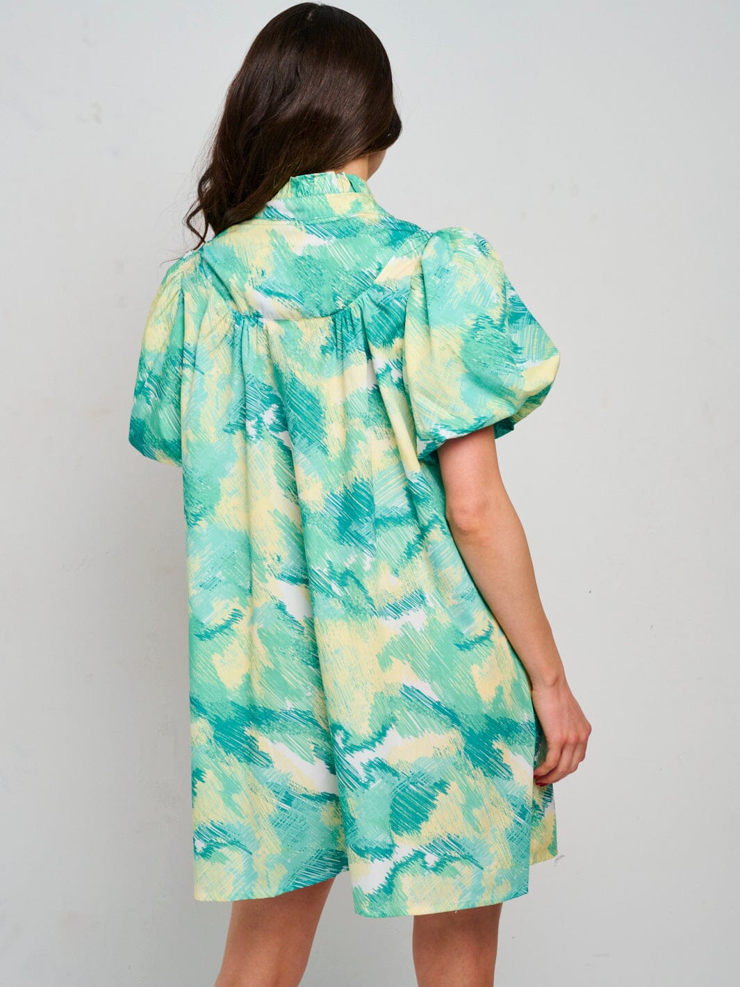 WOMEN'S SHORT PUFF SLEEVE V-NECK MULTI PRINT TUNIC MINI DRESS