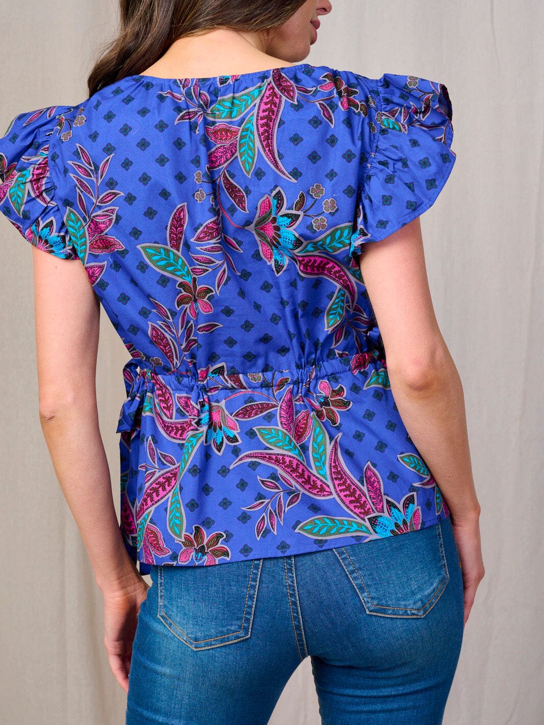 WOMEN'S SHORT RUFFLE SLEEVE V-NECK ADJUSTABLE WAIST FLORAL BLOUSE