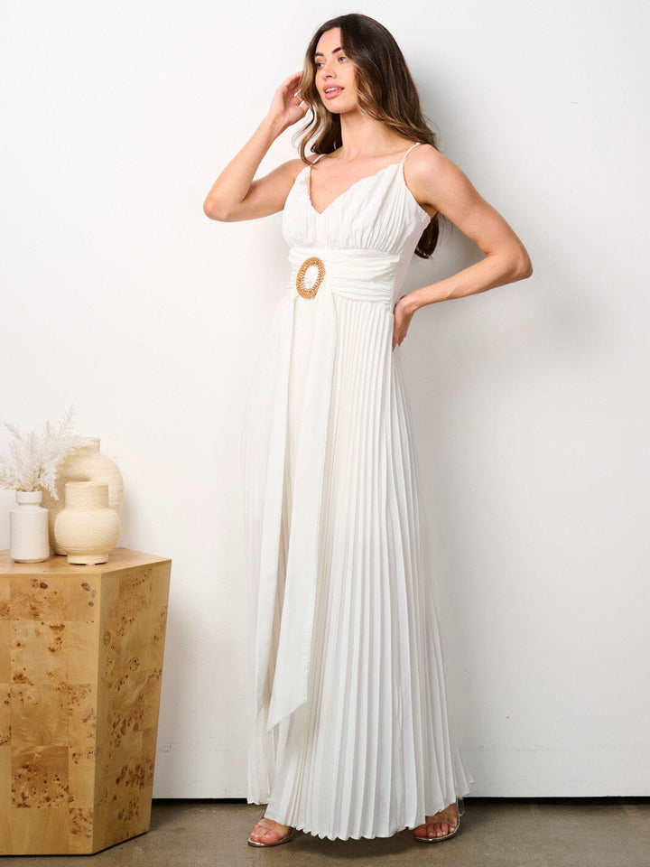 WOMEN'S SLEEVELESS V-NECK PLEATED MAXI DRESS