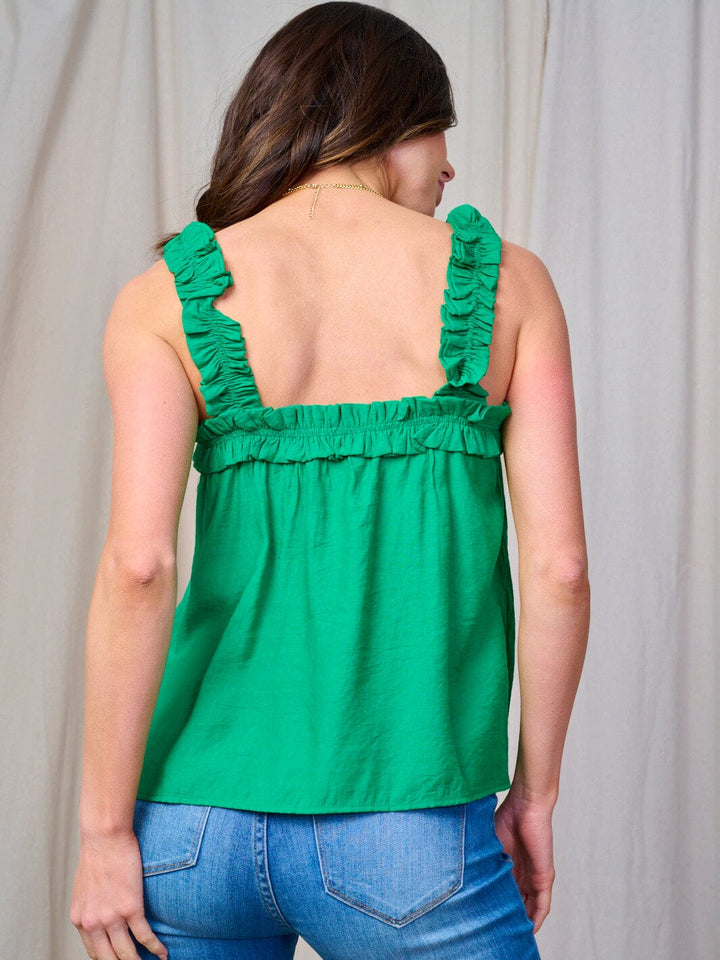 WOMEN'S SLEEVELESS RUFFLE ELSATIC TRIM TANK TOP