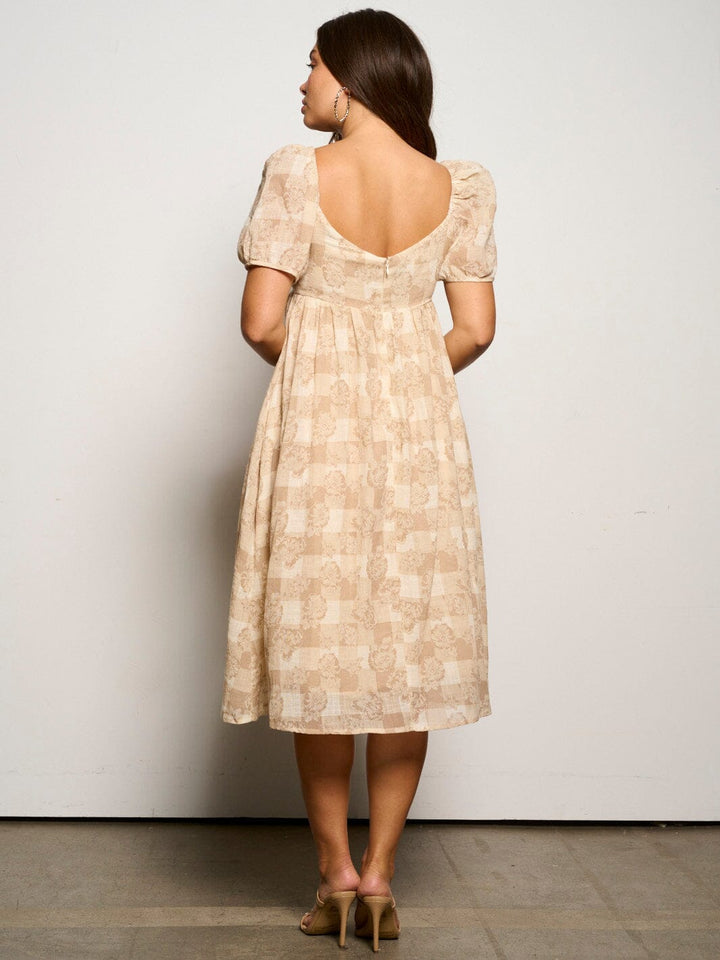 WOMEN'S SHORT PUFF SLEEVE POCKETS PRINTED MIDI DRESS