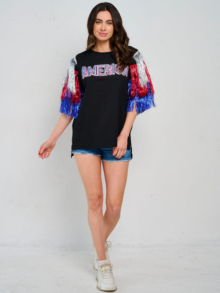 WOMEN'S SHORT FRINGE SLEEVE HIGH-LOW PATRIOTIC SHIRT