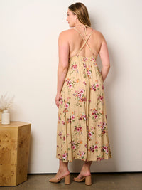 PLUS SIZE SLEEVELESS V-NECK OPEN BACK FLORAL MAXI DRESS