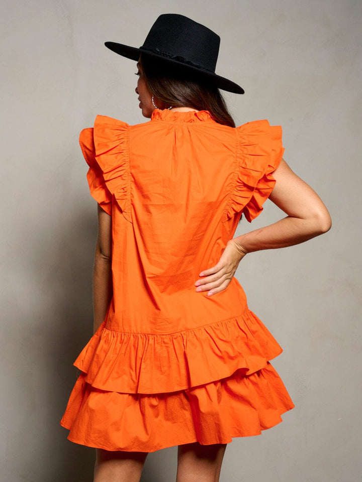 WOMEN'S SHORT RUFFLE SLEEVE V-NECK POCKETS TIERED TUNIC MINI DRESS
