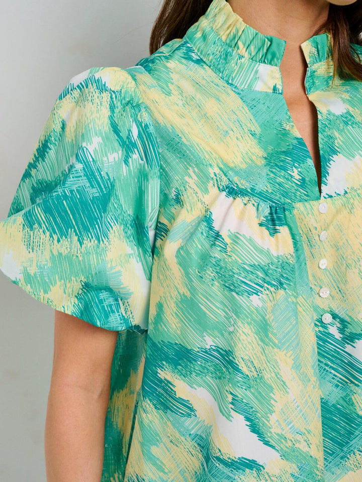 WOMEN'S SHORT PUFF SLEEVE V-NECK MULTI PRINT TUNIC MINI DRESS