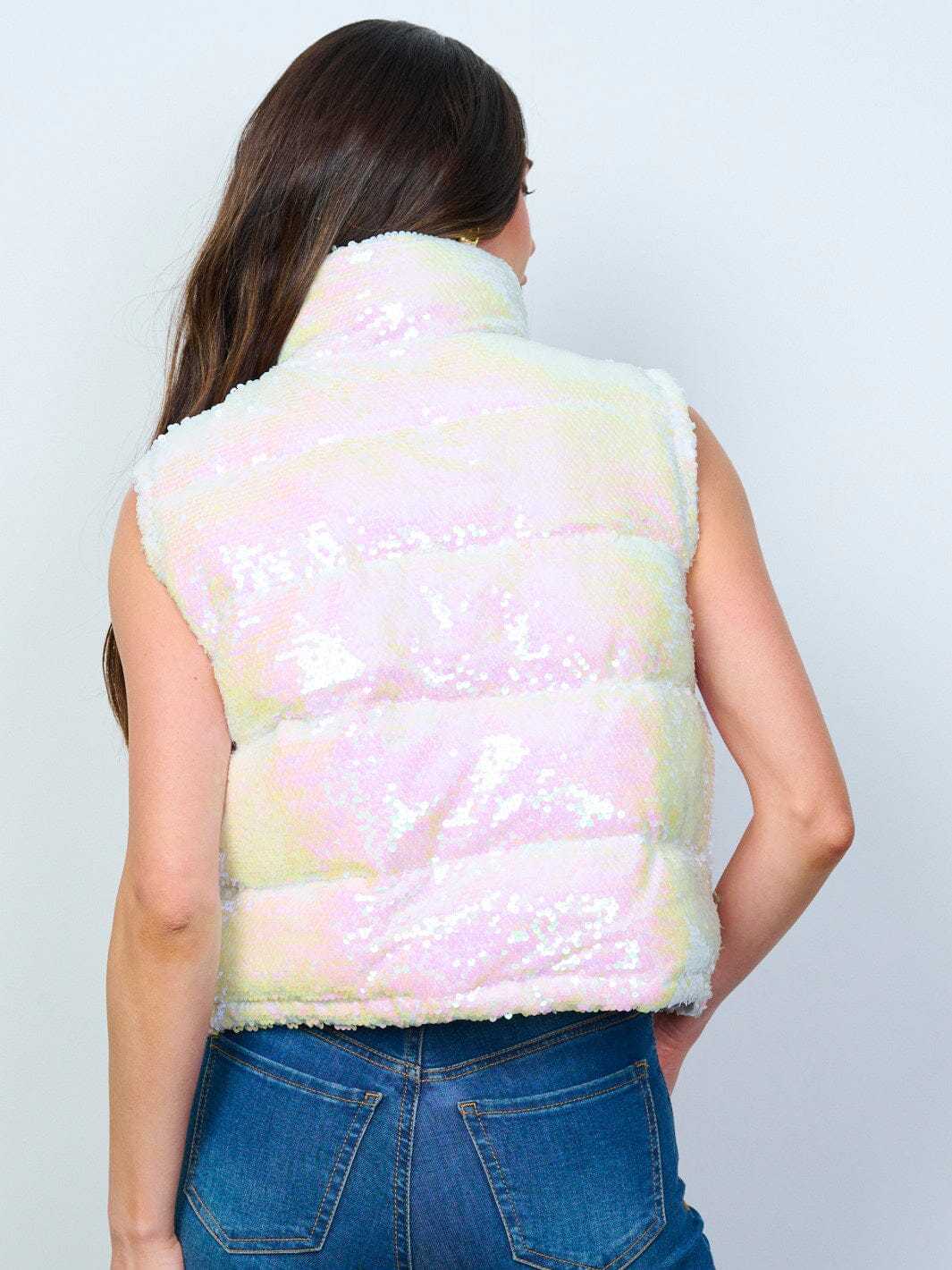 WOMEN'S SLEEVELESS ZIP UP FRONT POCKETS SEQUINS PUFFER VEST