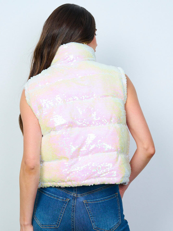 WOMEN'S SLEEVELESS ZIP UP FRONT POCKETS SEQUINS PUFFER VEST