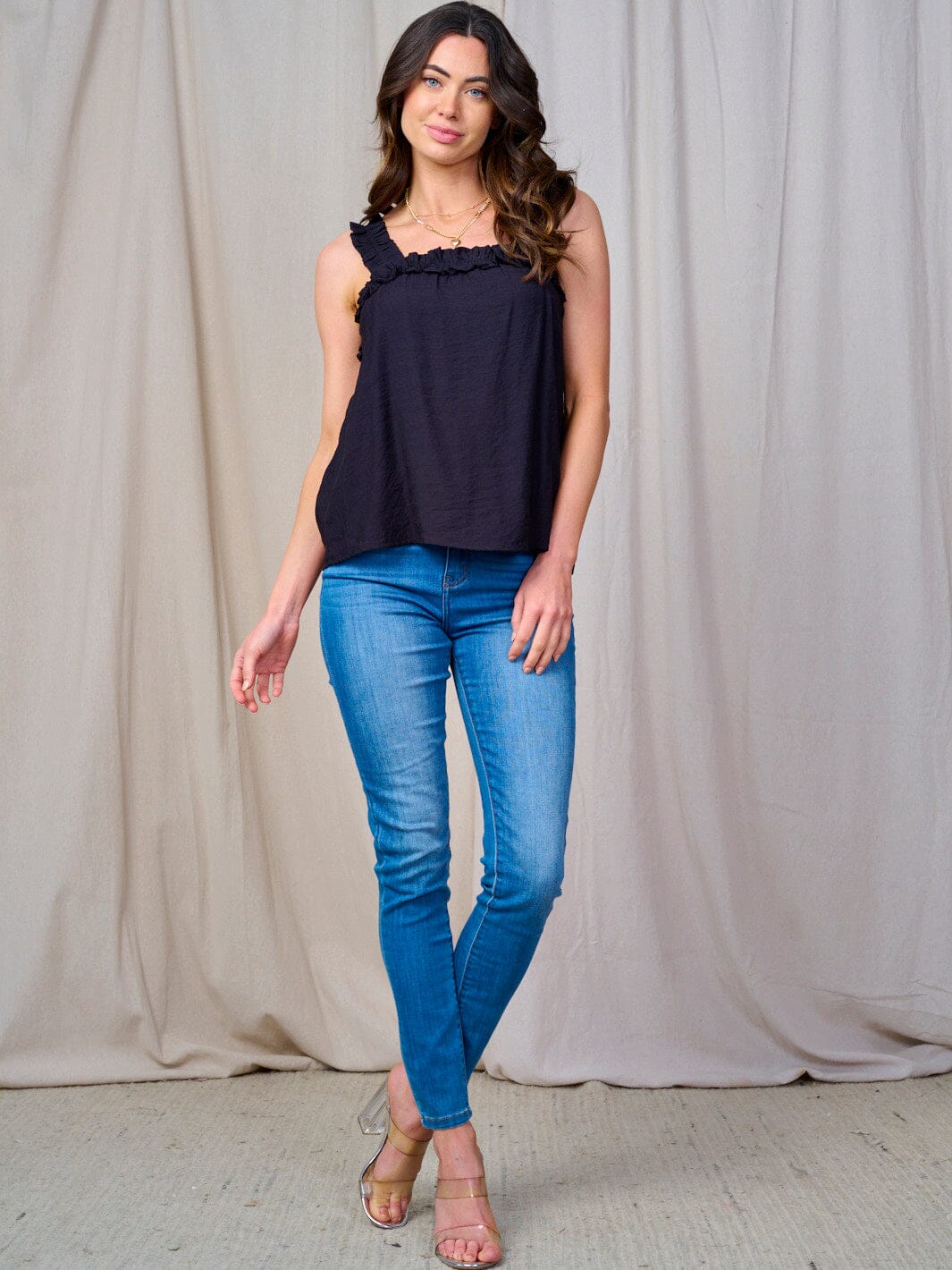 WOMEN'S SLEEVELESS RUFFLE ELSATIC TRIM TANK TOP