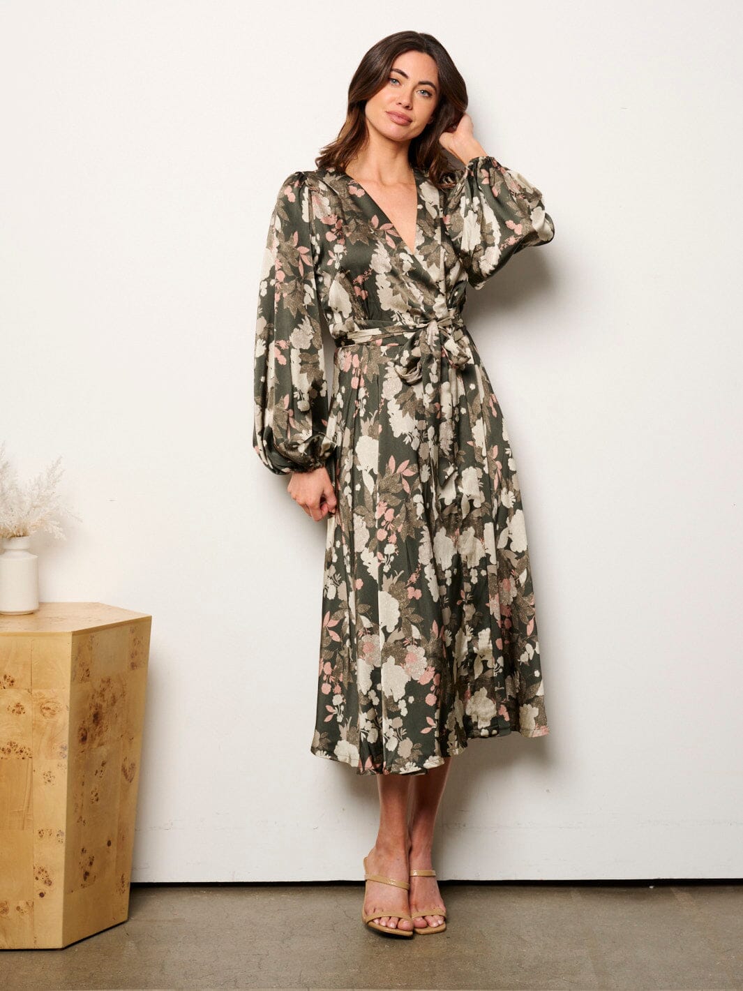 WOMEN'S LONG SLEEVE SELF TIE FLORAL WRAP MIDI DRESS