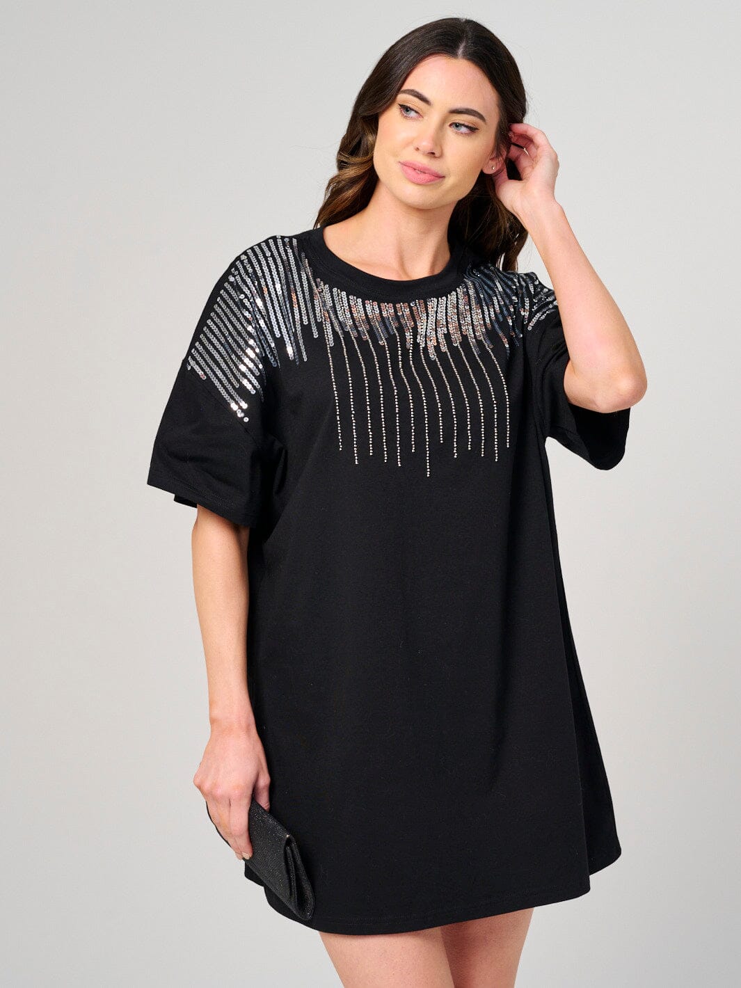 WOMEN'S SHORT SLEEVE SEQUINS DETAILED MINI DRESS
