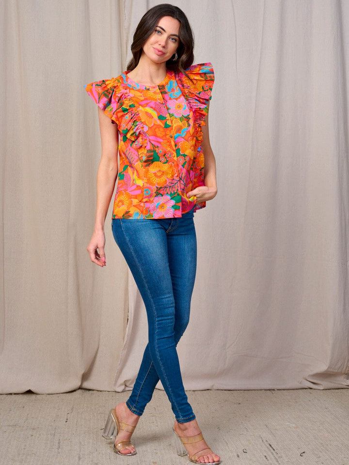 WOMEN'S RUFFLE SLEEVE BUTTON CLOSURE FLORAL BLOUSE