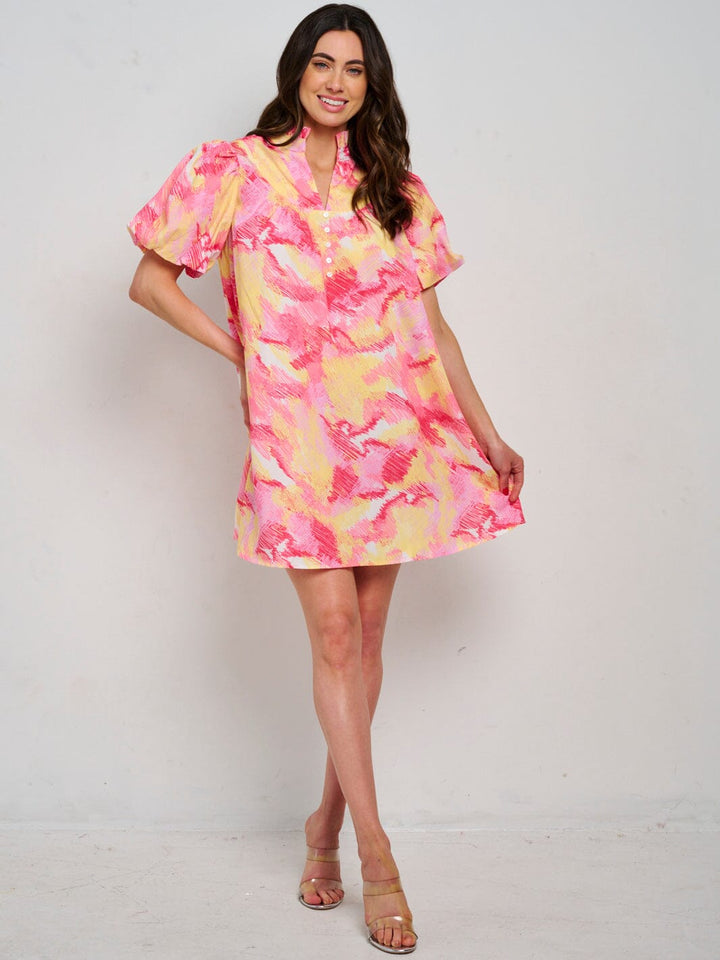 WOMEN'S SHORT PUFF SLEEVE V-NECK MULTI PRINT TUNIC MINI DRESS