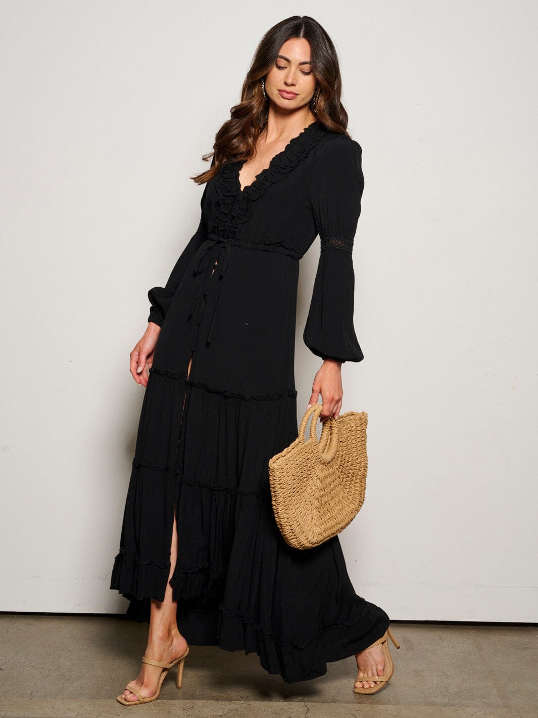 WOMEN'S LONG SLEEVE BUTTON UP TIERED MAXI DRESS