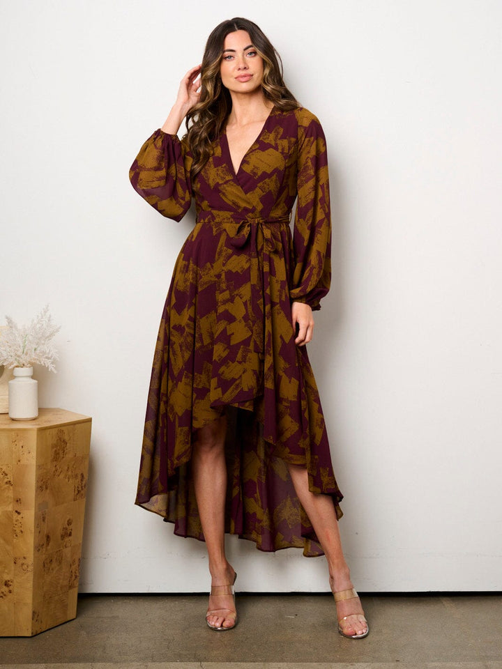 WOMEN'S LONG SLEEVE SELF TIE HIGH-LOW MULTI PRINT SURPLICE MIDI DRESS