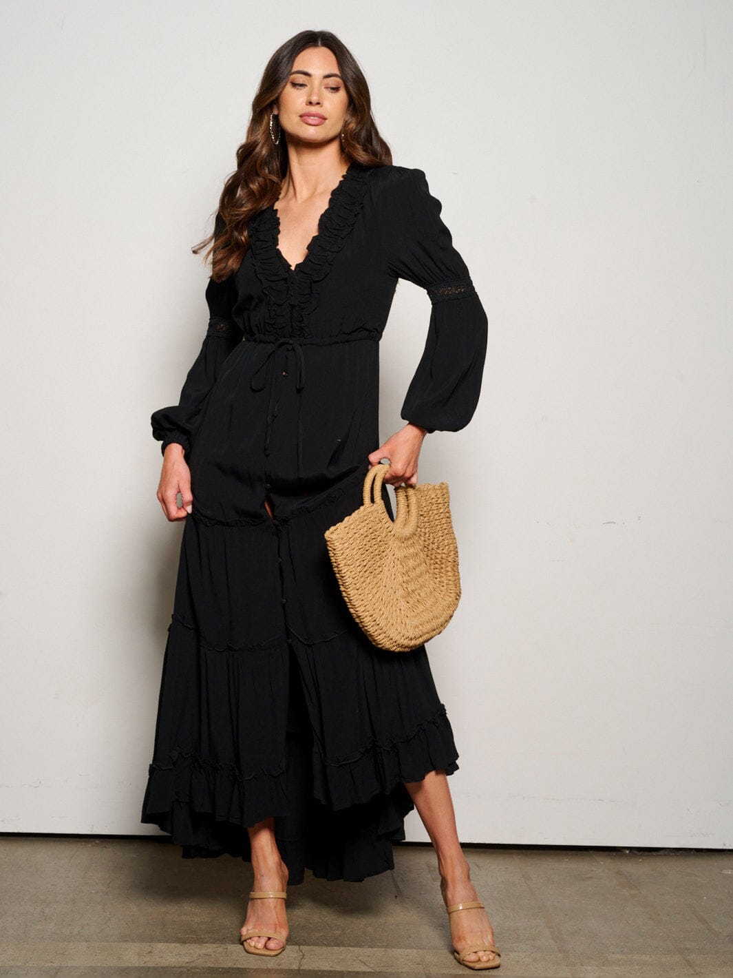 WOMEN'S LONG SLEEVE BUTTON UP TIERED MAXI DRESS