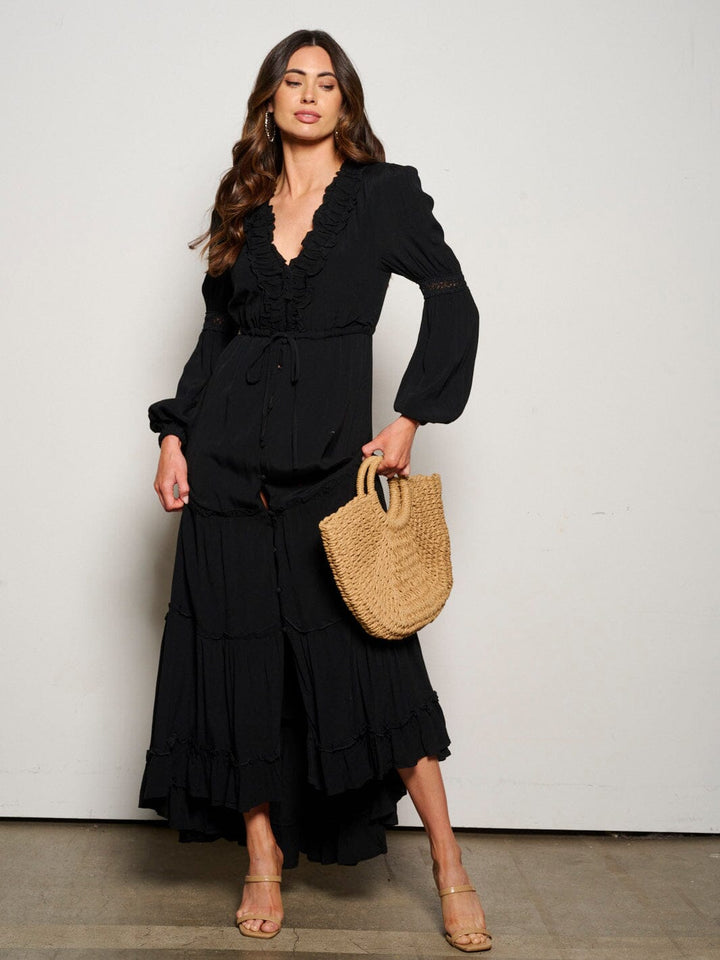 WOMEN'S LONG SLEEVE BUTTON UP TIERED MAXI DRESS