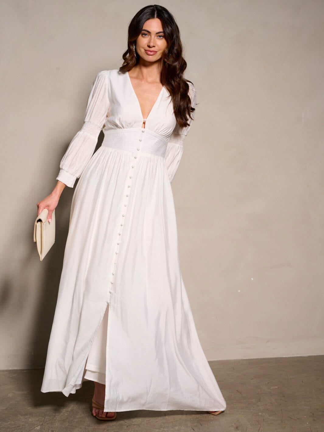 WOMEN'S 3/4 SLEEVE V-NECK BUTTON UP MAXI DRESS