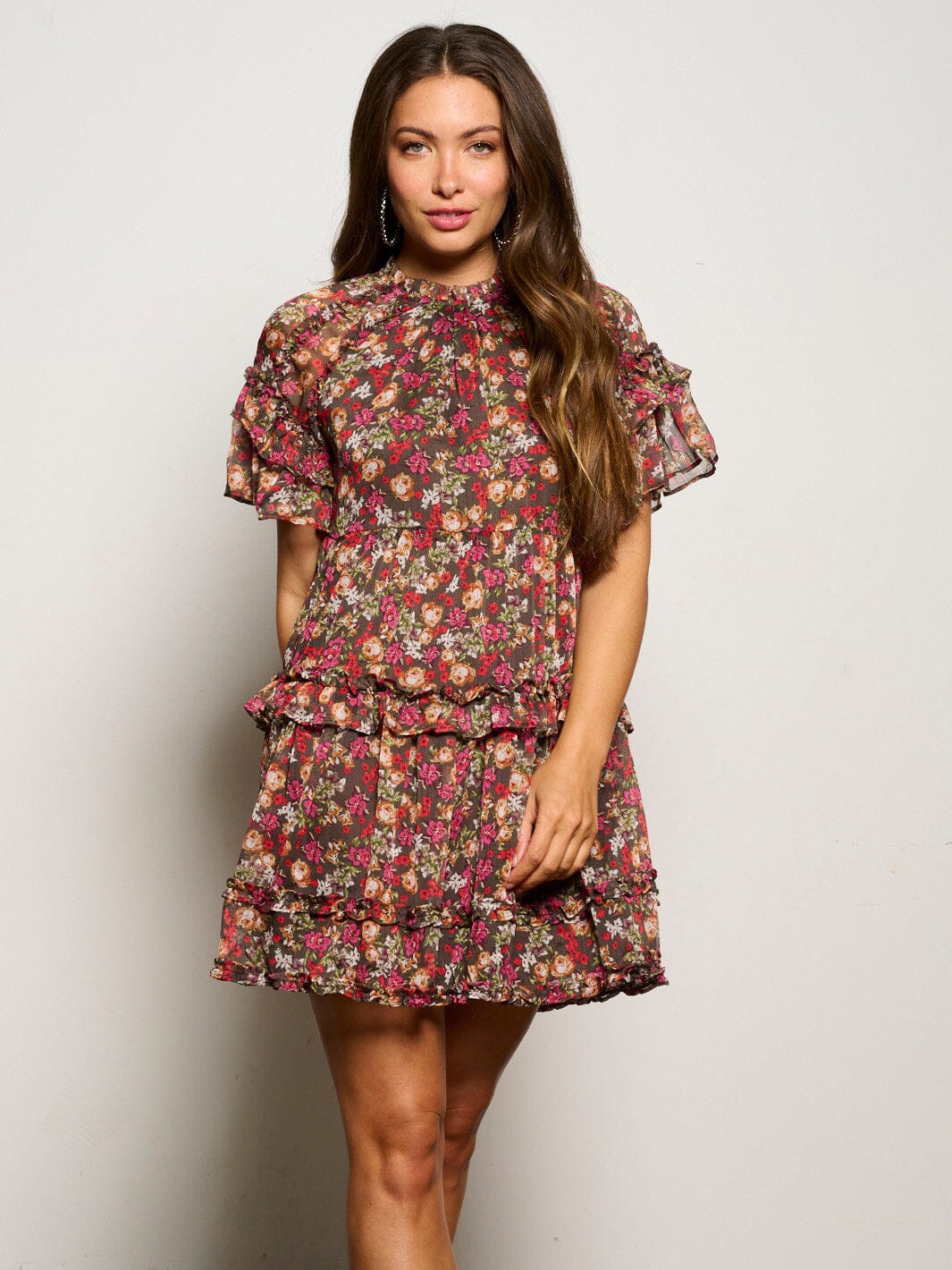 WOMEN'S SHORT RUFFLE SLEEVE FLORAL TINIC MINI DRESS