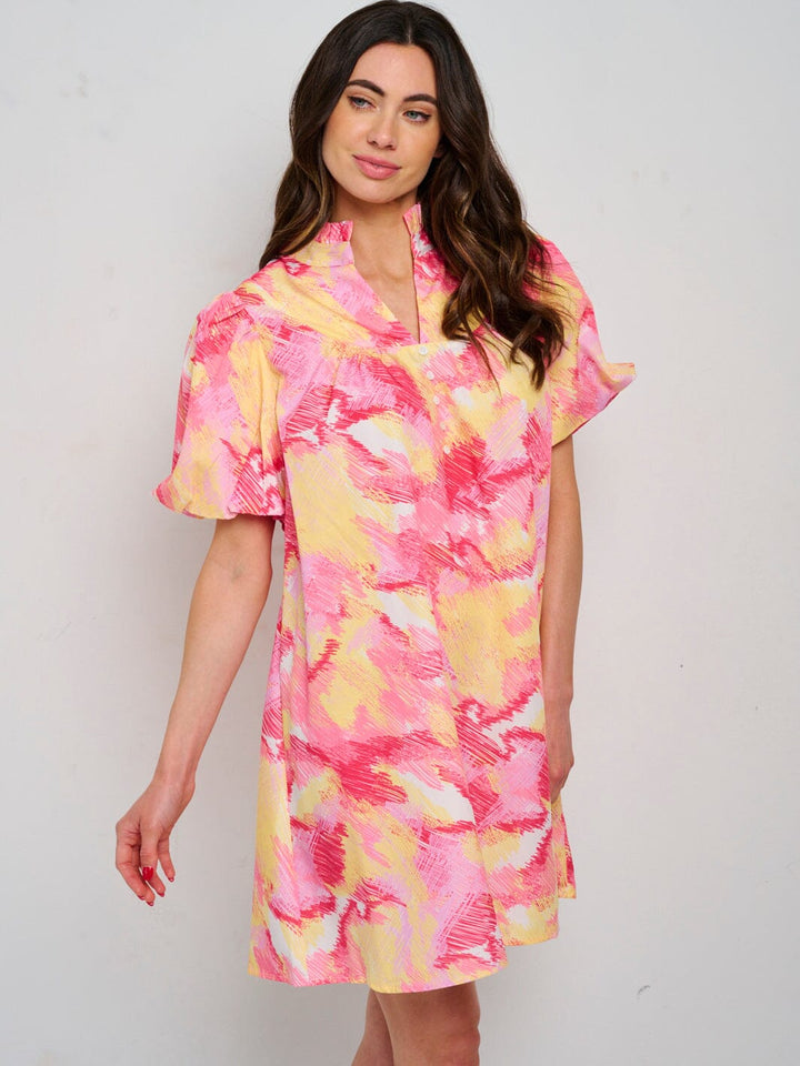 WOMEN'S SHORT PUFF SLEEVE V-NECK MULTI PRINT TUNIC MINI DRESS