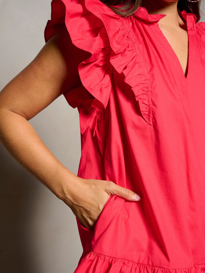 WOMEN'S SHORT RUFFLE SLEEVE V-NECK POCKETS TIERED TUNIC MINI DRESS