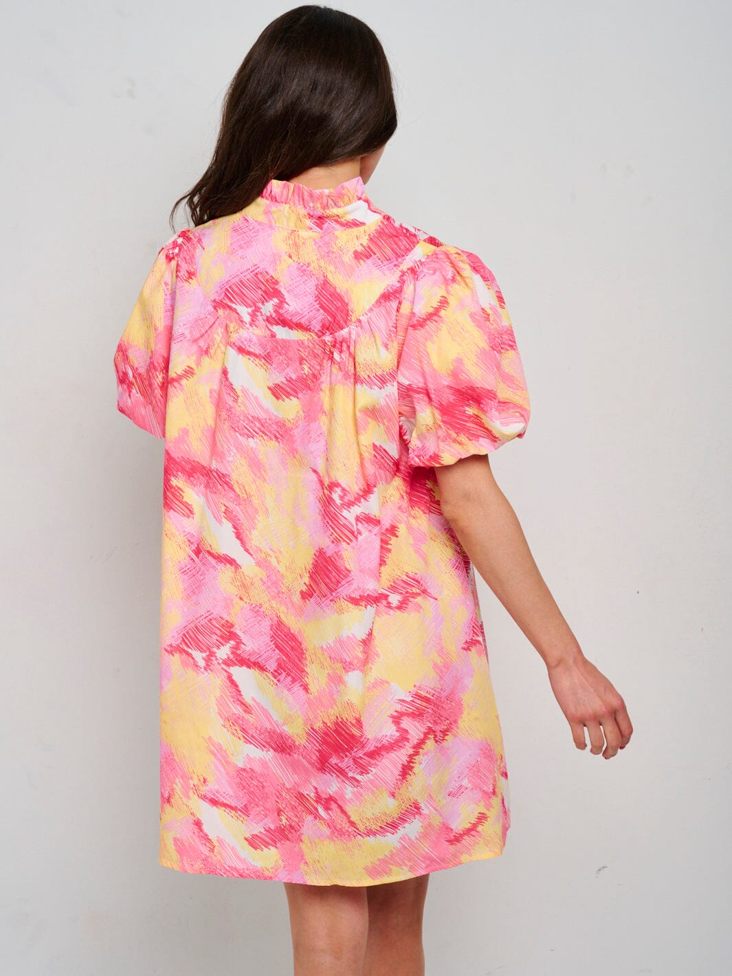 WOMEN'S SHORT PUFF SLEEVE V-NECK MULTI PRINT TUNIC MINI DRESS