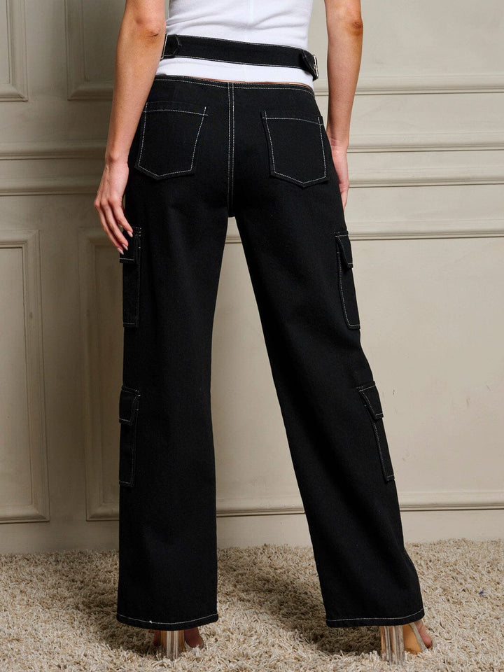 WOMEN'S BUTTON CLOSURE CARGO POCKETS DENIM PANTS