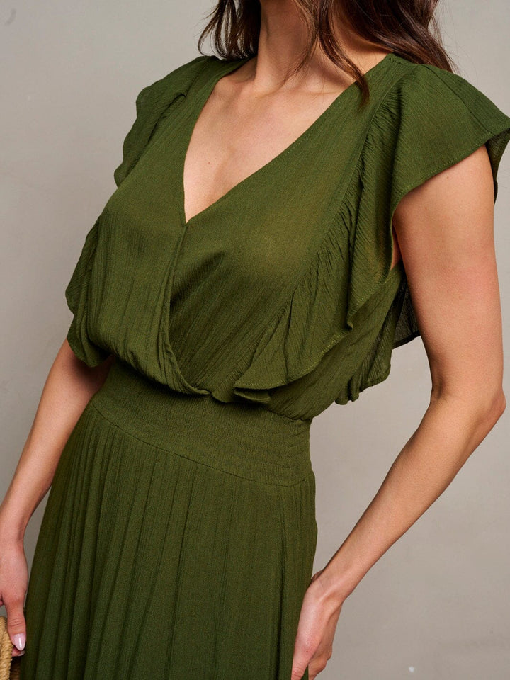 WOMEN'S SHORT SLEEVE SURPLICE SMOCK WAIST MAXI DRESS