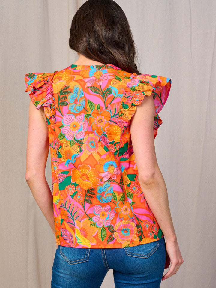 WOMEN'S RUFFLE SLEEVE BUTTON CLOSURE FLORAL BLOUSE