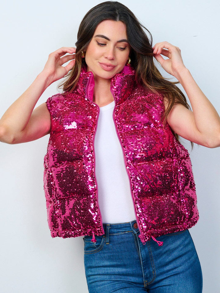 WOMEN'S SLEEVELESS ZIP UP FRONT POCKETS SEQUINS PUFFER VEST