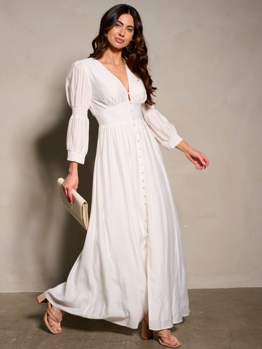 WOMEN'S 3/4 SLEEVE V-NECK BUTTON UP MAXI DRESS