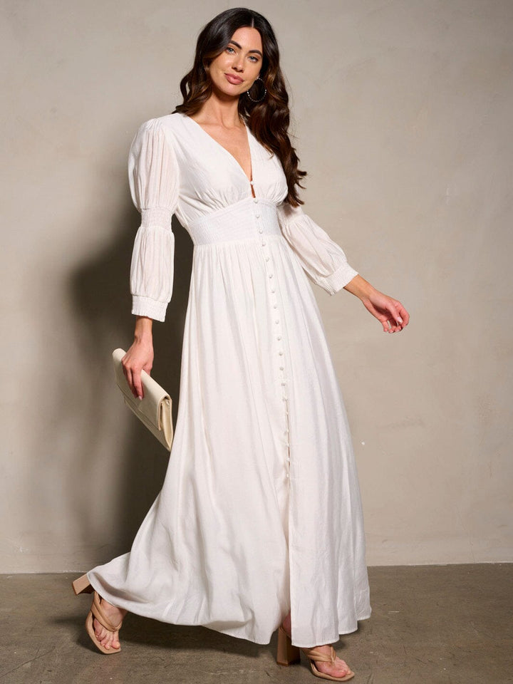 WOMEN'S 3/4 SLEEVE V-NECK BUTTON UP MAXI DRESS